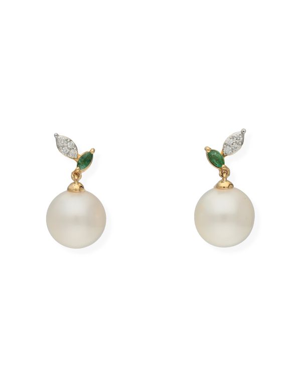 Pendants d'oreilles Perles, Émeraude, Diamant Or 18 ct - Pearls de Carat