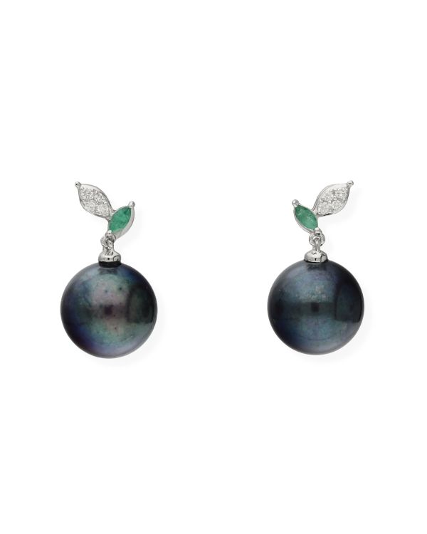Pendants d'oreilles Perles, Émeraude, Diamant Or 18 ct - Pearls de Carat